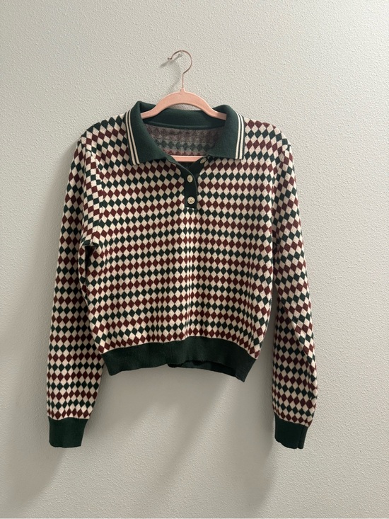 Cider Sweaters - Cider Argyle Polo Knit in Green, Cream and Burgundy